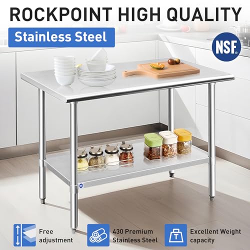 ROCKPOINT Stainless Steel Table for Prep & Work 24x30 Inches, NSF Metal Commercial Kitchen Heavy Duty Table with Adjustable Under Shelf and Table Foot for Restaurant, Home and Hotel