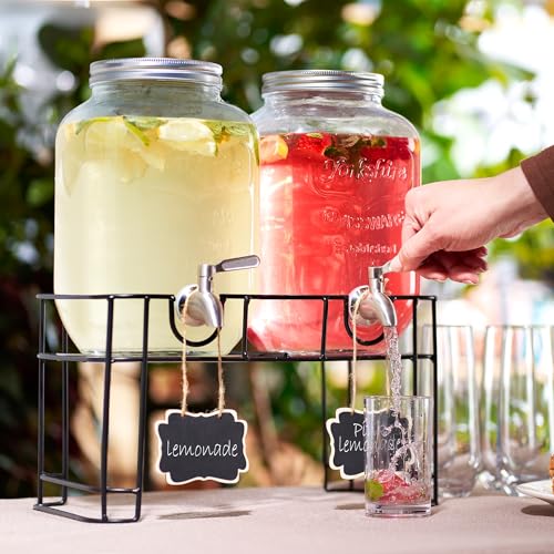 FineDine 2 Pack Glass Drink Dispenser with Stand & Stainless Steel Spigot – 1 Gallon drink dispensers for parties, glass b...