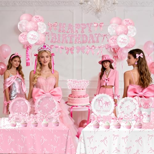 Pink Bow Birthday Decorations Include Plates, Napkins, Cups, Cutlery, Banner, Hanging Swirls, Cake & Cupcake Toppers, Ball...