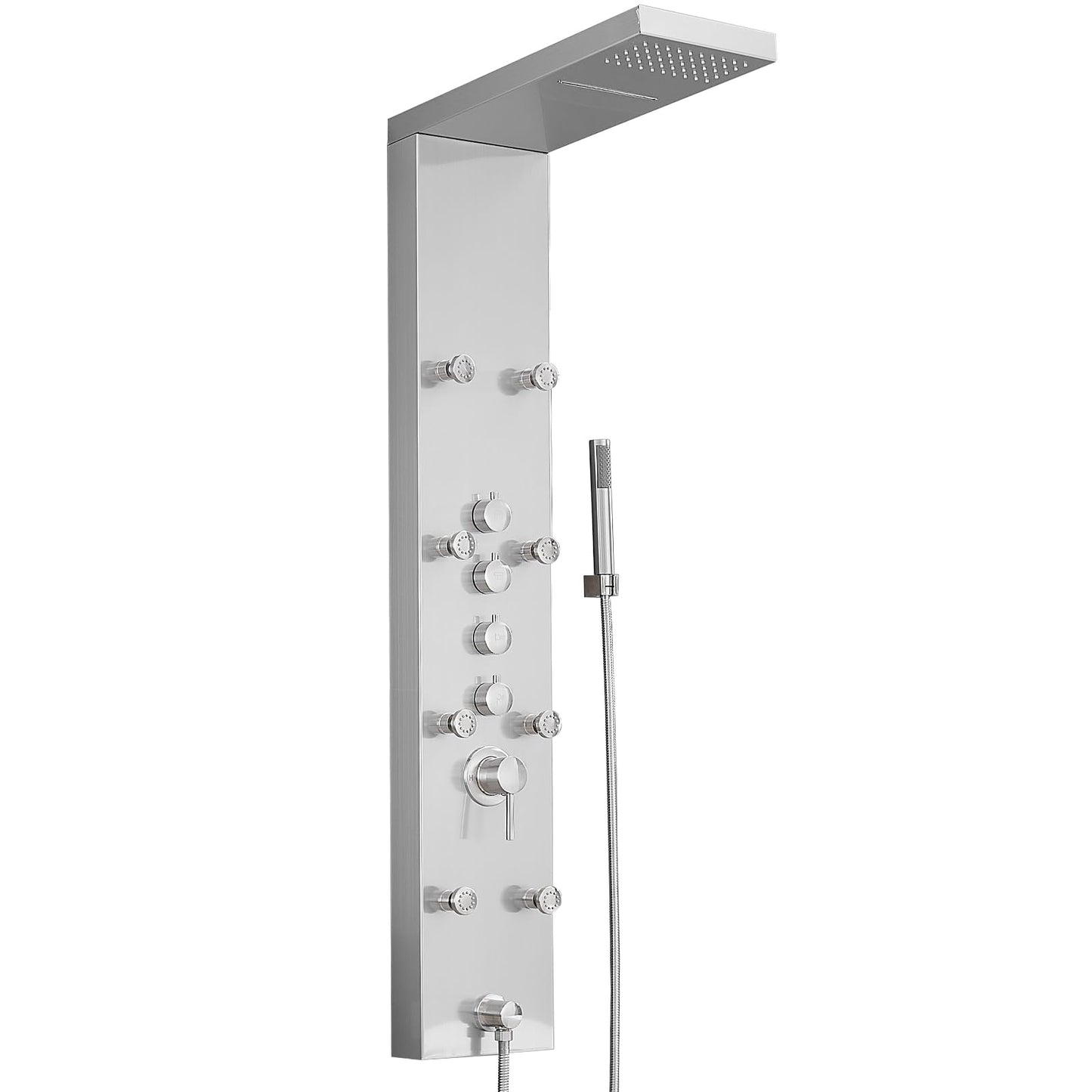 BATHLAVISH Shower Panel Tower System, 4 in 1 Stainless Steel Rainfall Shower Panels with 4-Functions, 8 Body Massage Jets, Handheld Head, Wall Mounted Brushed Nickel
