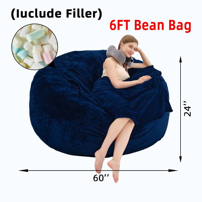 6FT Oversized Bean Bag,Bean Bag Chair with Filler Included,Foam Chairs for Adults,Memory Foam Bean Bag,Washable Soft Flannel, Suitable for Reading Leisure Chairs in Living Room.(Blue, 6FT)