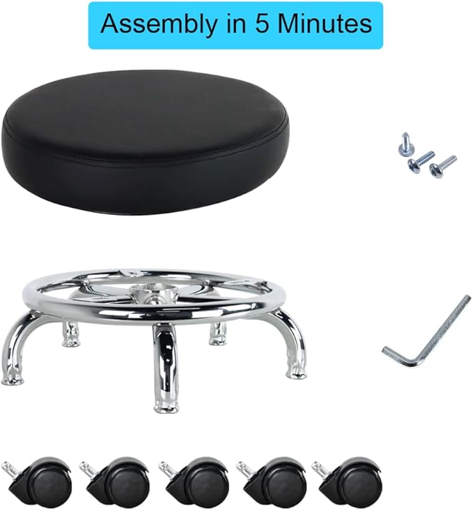 WKWKER Modern Roller Seat PU Leather Low Round Rolling Stool 360° Swivel Small Seat with Universal Wheels Foot Stool for Home Office Garage Shop Fitness Sport H:8.6" (Black)