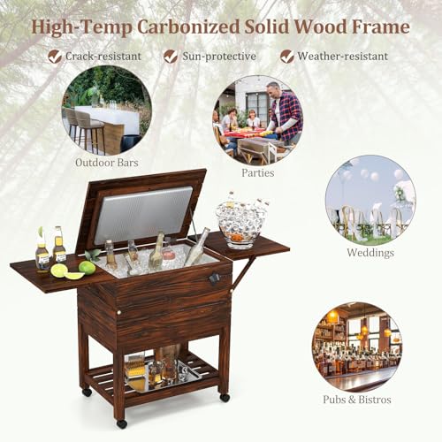 Tangkula Rolling Wooden Patio Cooler Cart, 54 Quart Outdoor Ice Chest Cooler Cart with 2 Drop Leaf Tables, Bottle Opener &...
