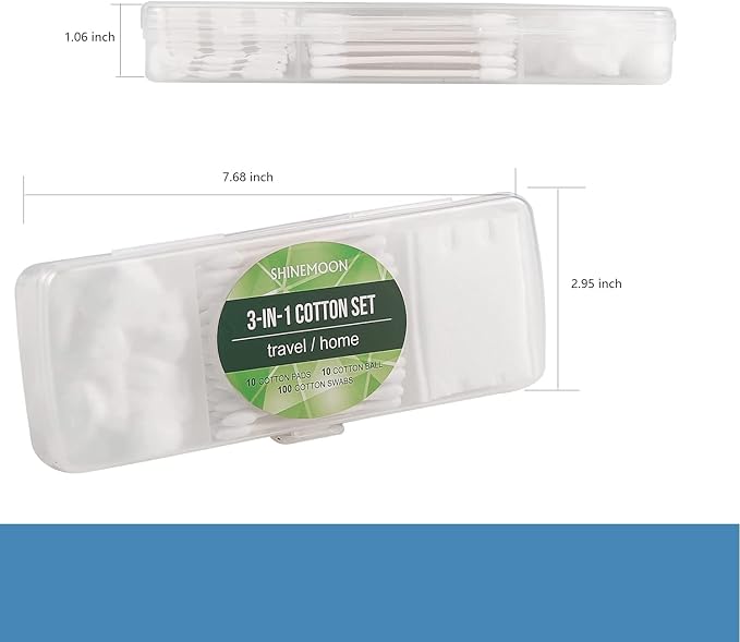 Travel Portable Cotton Swabs Set:100 Cotton Swabs, 10 Cotton Pads, 10 Cotton Balls in Reusable Storage Box for Ear, Cosmetics, Makeup Remover,Nail Polish Remover(Pack of 3)