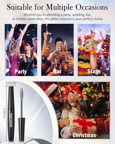 Silver Glitter Mascara for Eyelashes, Waterproof Diamond Sparkle Colored Mascara Volume and Length, Washable Define Long L...