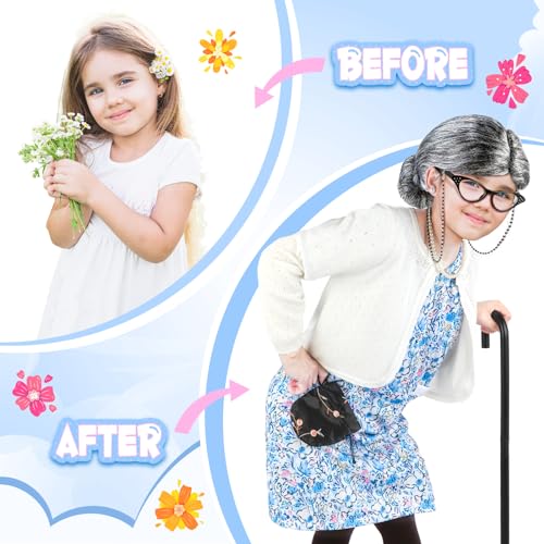 Luucio Old Lady Costume for Kids, 100th Day of School Costume for Girls with Grandma Costume, Kids Old Lady Costume for Kids