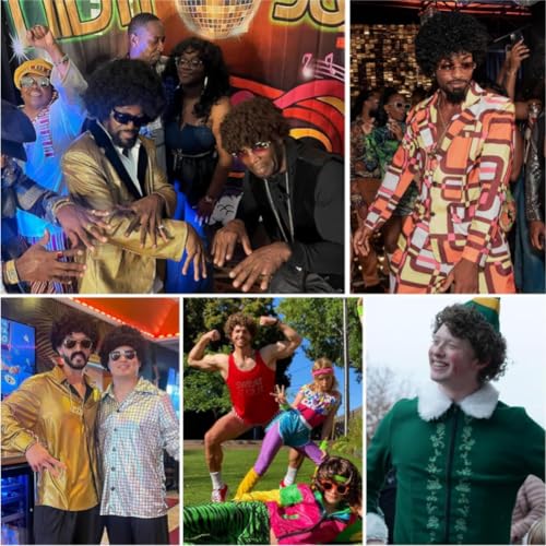 Svzadipe 7 Pcs Rocker Costume Men's Curls Disco Party with Wigs Sunglasses Beards Sleeves Gloves Headscarves for 70s 80s 90s