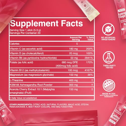Balanced Botanicals Calm and Ready Powder Drink Mix, with Magnesium Glycinate, Ashwagandha KSM 66, L Theanine, and Tart Ch...