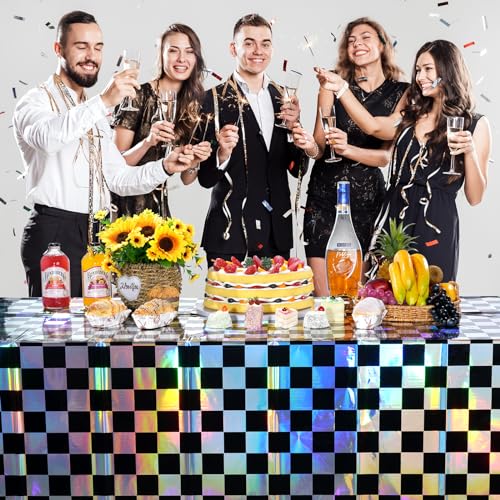 3Pack Black and Iridescent Checkered Plastic Tablecloth, Shiny Disposable Laser Rectangle Table Covers, Holographic Foil T...