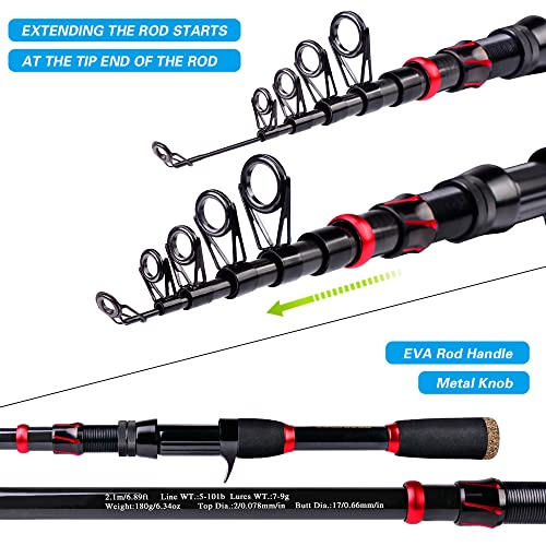 Fishing Rod and Reel Combo, 6.9ft Carbon Fiber Telescopic Fishing Pole with Spinning/Baitcasting Reel Combos, Sea Saltwate...