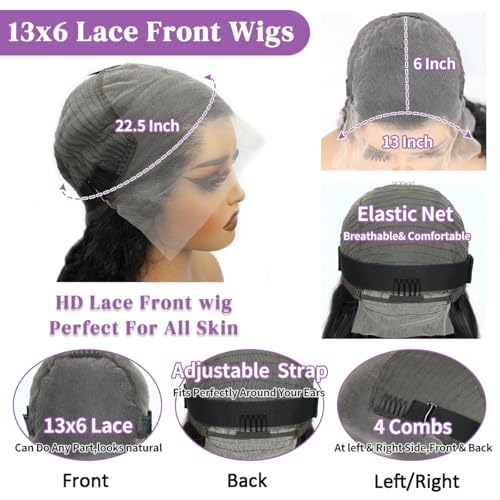 Body Wave Lace Front Wigs Human Hair 13x6 HD Lace Front Wigs Human Hair 200 Density Brazilian Virgin Wigs Glueless Lace Frontal Wig for Women Natural Black Pre Plucked 20 Inch
