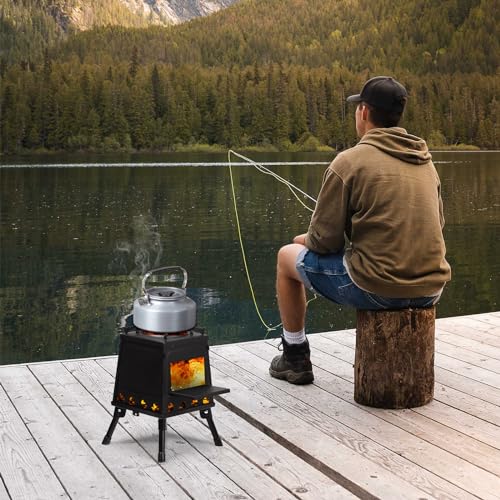 Wood Burning Stove, Portable Cast Iron Camping Wood Stove with Carrying Bag, Firewood Hook, Gloves Woodstove for Backpacki...