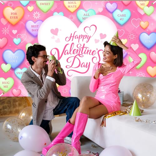 Mocsicka Valentines Day Backdrop Sweet Conversation Hearts Valentines Day Banner Party Decorations Photo Booth Props (Pin...