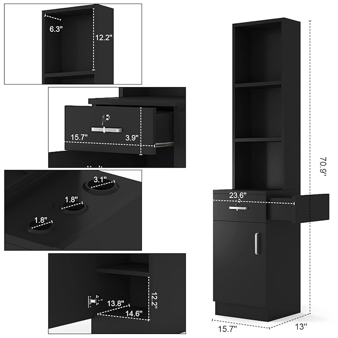 Paddie Hair Salon Stations, Lockable Barber Stations Wall Mount Salon Equipment for Hair Stylist with 1 Lockable Drawer, 3 Holders & 1 Storage Cabinet (with Holders, Black)