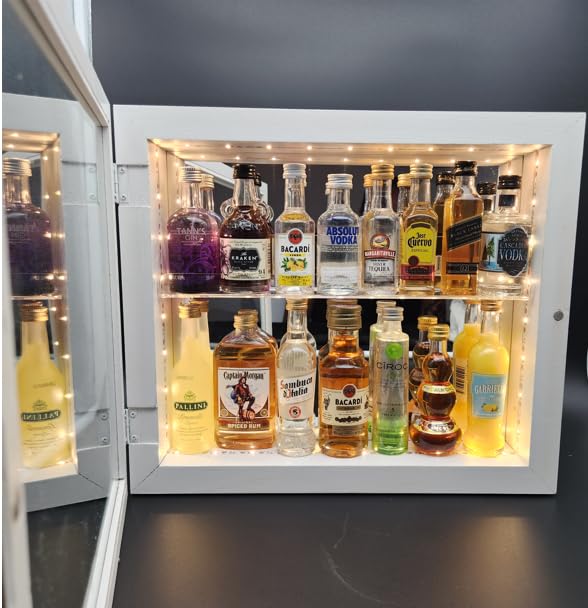 Shots On A Shelf - The One & Only Miniature Liquor Bottle Cabinet. Led Lighting, Hinged Glass Door! Guests Will Love This Showcase! - White/Mirror