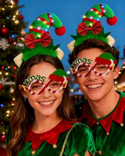 Dkomekii Christmas Elf Headband Light Up LED Elf Hat Headband Glowing with Ears for Xmas Costume Party