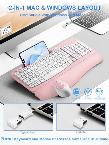 Wireless Keyboard and Mouse Combo, Wave Keys Computer Ergonomic Keyboard with Cushioned Plam Rest, Phone Holder, 2.4GHz Si...