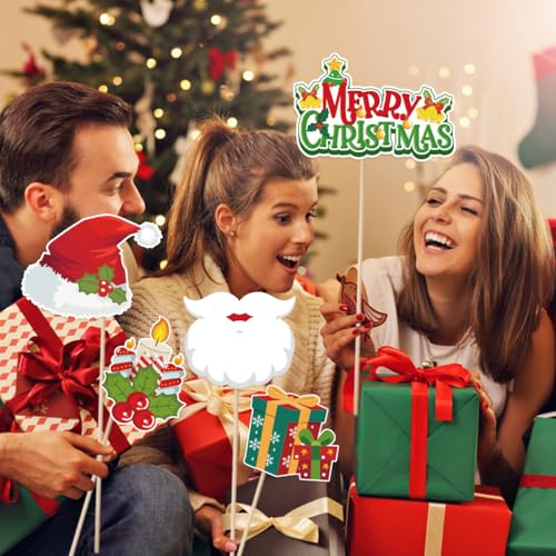 Christmas Photo Booth Props Kit, 31 Pcs Xmas Red Green Snowman Santa Bells Hat Snow Tree for Photoshoot Picture Fun Party ...
