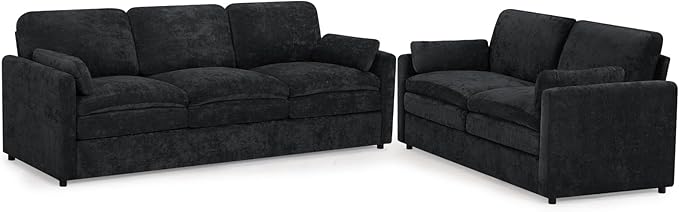 ACMEASE 2 Pieces Chenille Sofa Set w/Two Throw Pillows, Upholstered Loveseat & 3 Seater Sofa w/Comfortable Back Cushions, Modern 2-Seat & 3-Seat w/High-Density Foam for Living Room, Apartment, Black
