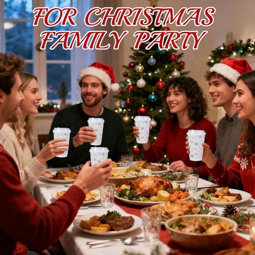 Foxtell 100 Pcs 16 oz Christmas Coffee Cups with White Lids Snowflake Disposable Paper Cups Bulk Insulated Hot Cocoa Cup f...