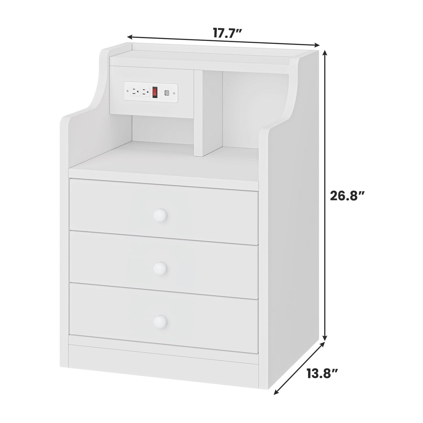 Tiptiper Nightstand with Charging Station, Night Stand with 3 Storage Drawers, Bedside Table with Hutch, Modern End Side Table for Bedroom,White