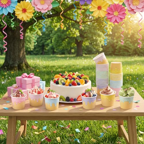 Jingmore 60 Pcs Ice Cream Bowls Paper Ice Cream Cups 4/6/8 oz Containers Bulk 6 Colors Disposable Sundae Bowls for Dessert...