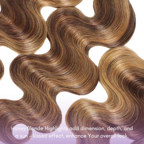 Honey Blonde Highlight Body Wave 13x4 Frontal Human Hair 20 In, 100% 12A Brazilian Virgin Ombre Brown Transparent Lace Frontal Closure Pre Plucked with Baby Hair P4/27 Balayage Wavy Hair Remy