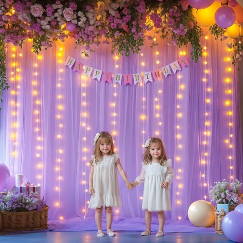 5x8ft (2 pieces) Lavender Tulle Backdrop Curtains with Lights for Party Wedding Baby Shower, Sheer Drape Backdrop Curtains...