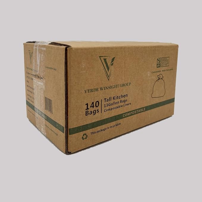 VERDE WINSIGHT Compostable 13 Gallon Trash Bags - Heavy Duty Extra Thick and Tall Kitchen Food Scrap Waste Bags - 140 Bags, Eco Friendly Biodegradable Trash Liners