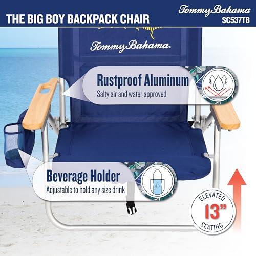 Tommy Bahama Big Boy 4-Position Folding 13" High Seat Backpack Beach or Camping Chair, Navy
