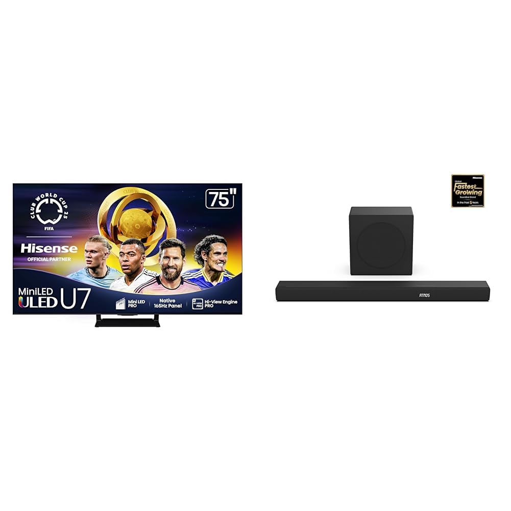 Hisense 75U75QG Mini-LED 4K UHD Smart Google TV AX3100Q 3.1Ch Sound Bar with Wireless Subwoofer