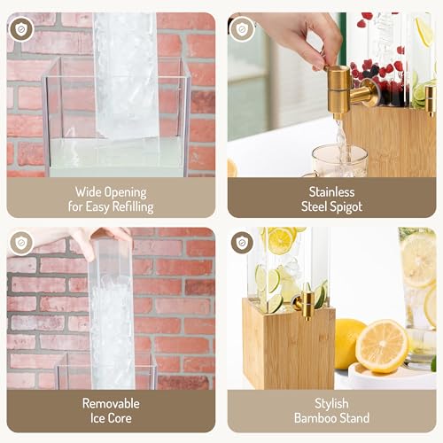 1.25 Gallon Acrylic Beverage Dispenser with Bamboo Stand – Iced Drink Dispenser with Stainless Steel Spigot & Built-in Ice...