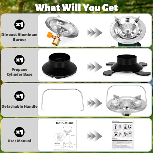 Propane Camping Stove, Portable Backpacking Stove with Adjustable Burner, Stable Camp Gas Stove for Outdoor Cooking, Singl...