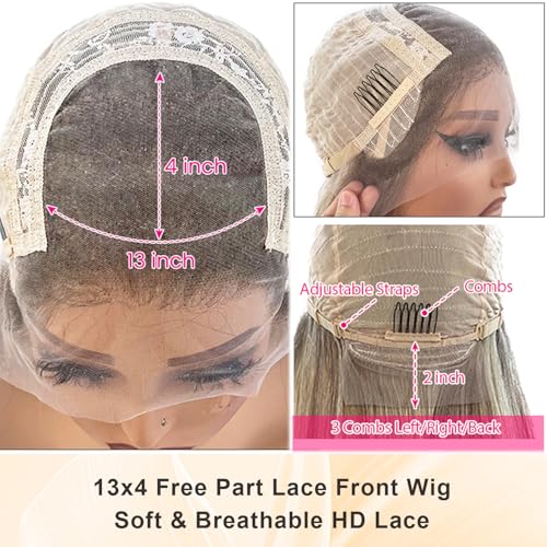 Highlight Ombre Ash Blonde Lace Front Wig Human Hair for White Women, 13x4 Invisible Lace Lace Frontal Wig Pre Plucked Natural Hairline Full 180% Density Real Human Hair Glueless Wigs with Brown Roots
