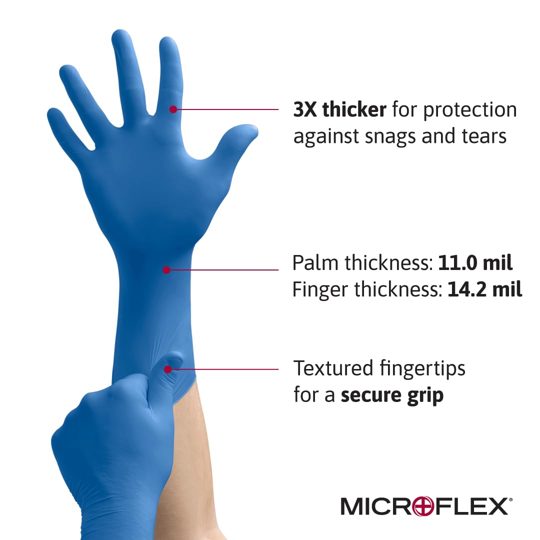 Ansell MICROFLEX SafeGrip SG-375 Extra Thick Disposable Latex Gloves for Life Sciences, Automotive w/Textured Fingertips - XL, Blue (Box of 50)