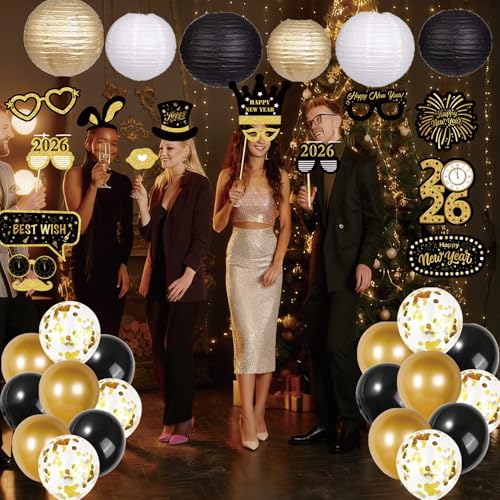 New Years Decorations 2026 – Gold Black White Happy New Year Decorations Kit with Banner, Balloons, Fringe Curtains, Lante...