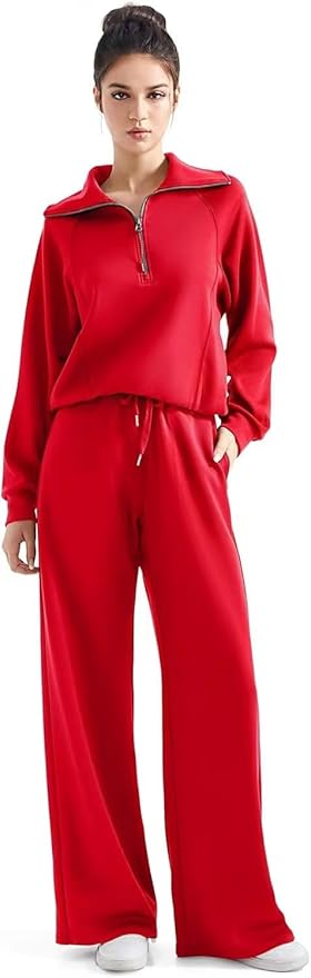 sopranlly Women's 2 Piece Outfits 2025 Casual Half Zip Wide Leg Pants Tracksuit Sets Lounge Set Travel Vacation Sweatsuits