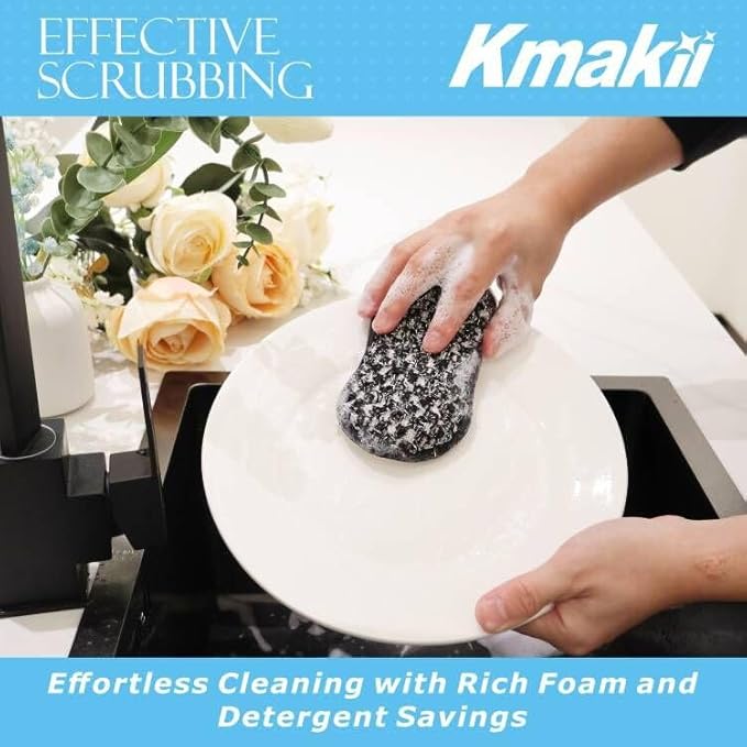KMAKII Bamboo Fiber Scrub Sponges, Non-Scratch & Durable,6.3 × 3.1 inches, Black, 4-Pack