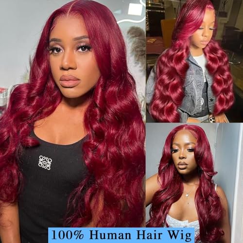 28 Inch 99j Burgundy Lace Front Wigs Human Hair Red Wig Burgundy Human Hair Wig Glueless Lace Front Wigs for Women 13x4 Body Wave Lace Front Wigs Pre Plucked 180% Density