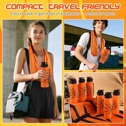 Olgaa 24 Pcs Sport Party Favors 12 Pcs Reusable Basketball Water Bottle Bulk 20 oz 12 Pcs Soft Cooling Towels Sports Acces...