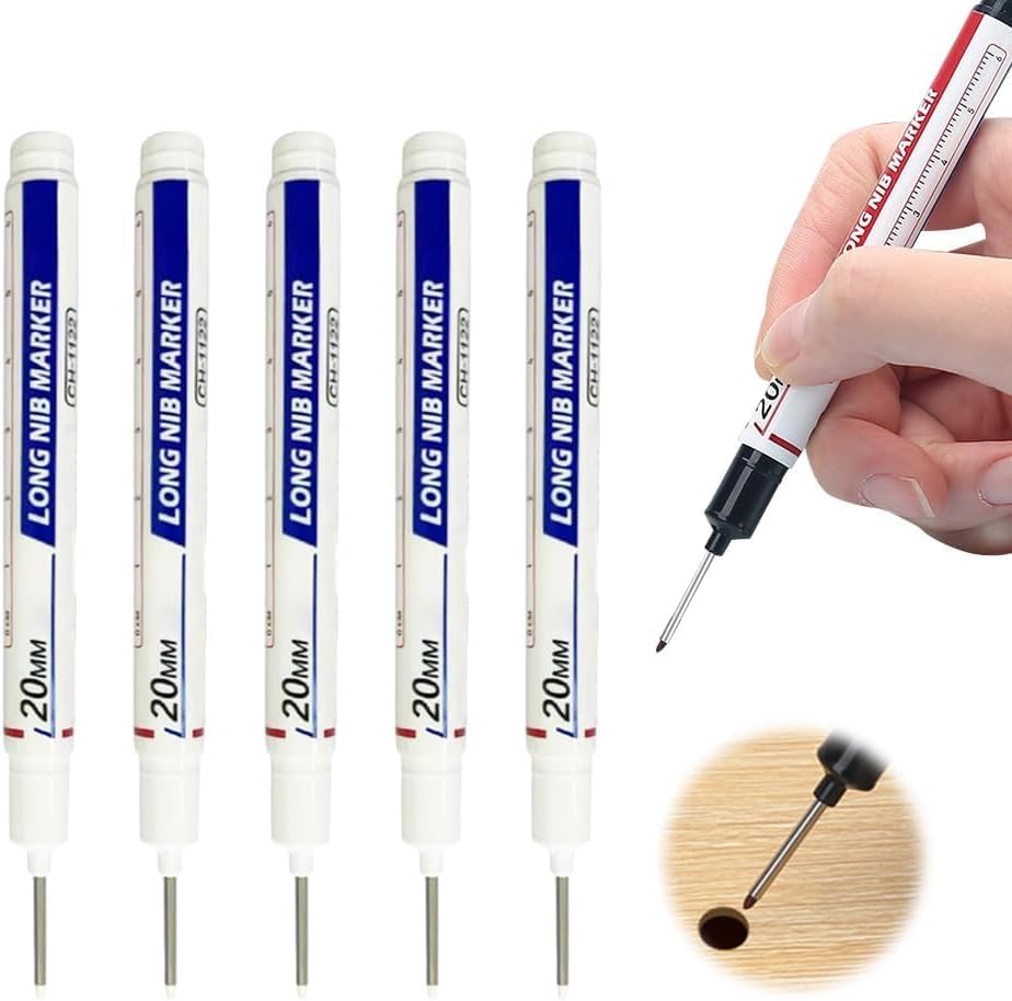 5PCS Long Head Deep Hole Marker Pens, 20mm Deep Reach Markers, Long Nose Marker, Waterproof Construction Markers Marking Tool, Permanent Markers Carpenter Ink Marker Pens, Metal Marking Pen (Colorful)