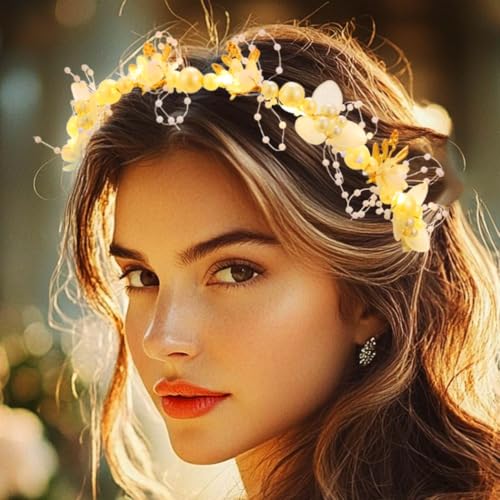 Zehope Light Up Flower Headbands LED Princess Pearl Floral Wreath Headpiece Bridal Wedding Garlands Hair Accessories for W...