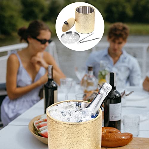 Stainless Steel Ice Bucket with Lid and Ice Tong Ice Bucket Wine Bucket for Cocktail Bar Whisky Wine Gold