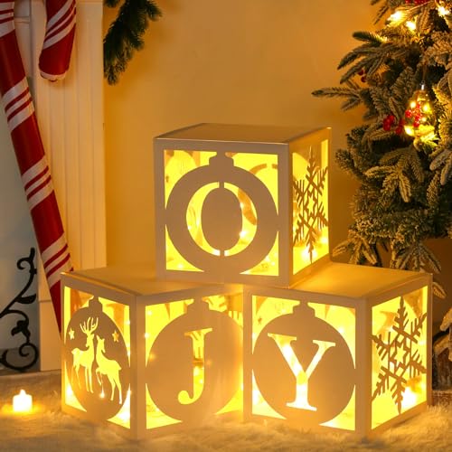 Light Up Christmas Decorations Indoor - 3pcs White Hollow-Out Paper Joy Boxes with Warm Light String, Holiday Fireplace Ch...