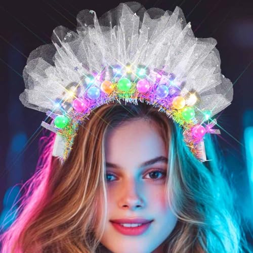 GENBREE Light Up Birthday Crown Headband Glowing Rave Party Hair Accessories for Women