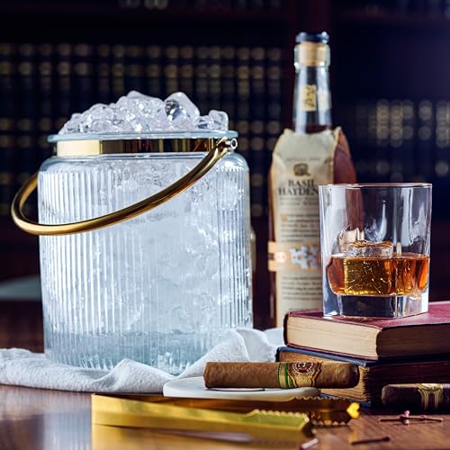 Le'raze Glass Ice Bucket with Airtight Lid, Tong Scooper and Handle - 3L Ribbed Beverage Tub Cocktail Home Bar Accessorie...