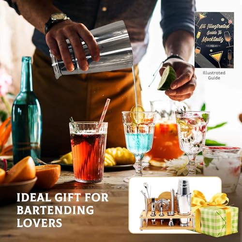 Daily Treasures Professional Cocktail Shakers Set with Bamboo Display Stand & Margarita Salt Rimmer,16-Piece Bartender Kit...
