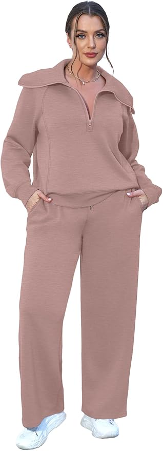 XIEERDUO Lounge Sets For Women 2025 Half Zip Sweatshirt And Wide Leg Sweatpant 2 Piece Outfits Sweatsuit Tracksuit