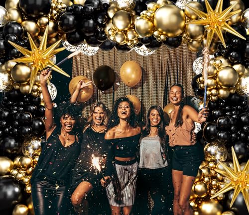 FOTIOMRG Black and Gold Balloons Garland Arch Kit, 5 10 12 18inch Black Gold Confetti Latex Balloons for 2025 Graduation N...