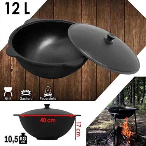 Dutch Oven Pot with Aluminum Lid 12 L (12.7 Quarts) - Camping Dutch Oven - Uzbek Kazan Cast Iron - Cast Iron Cookware Set...